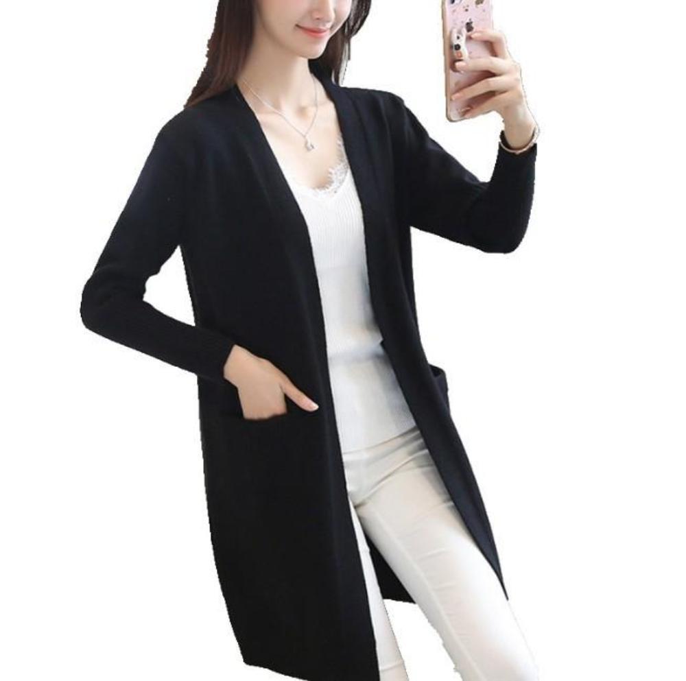 Womens Mid Length Open Cardigan with Pockets