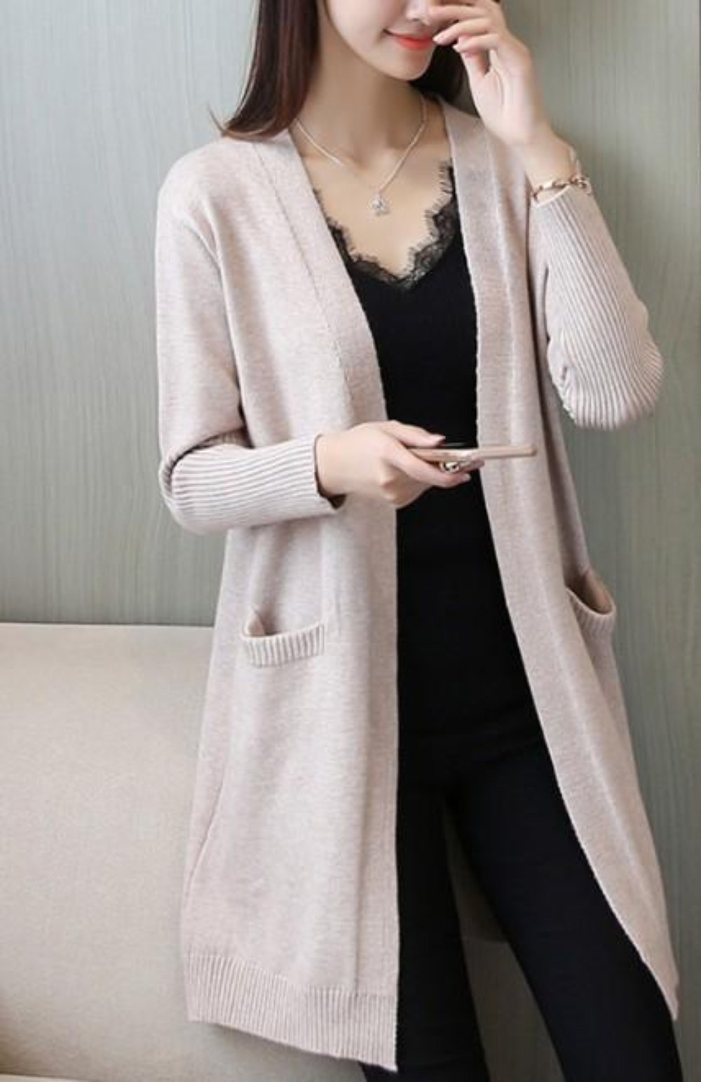 Womens Mid Length Open Cardigan with Pockets