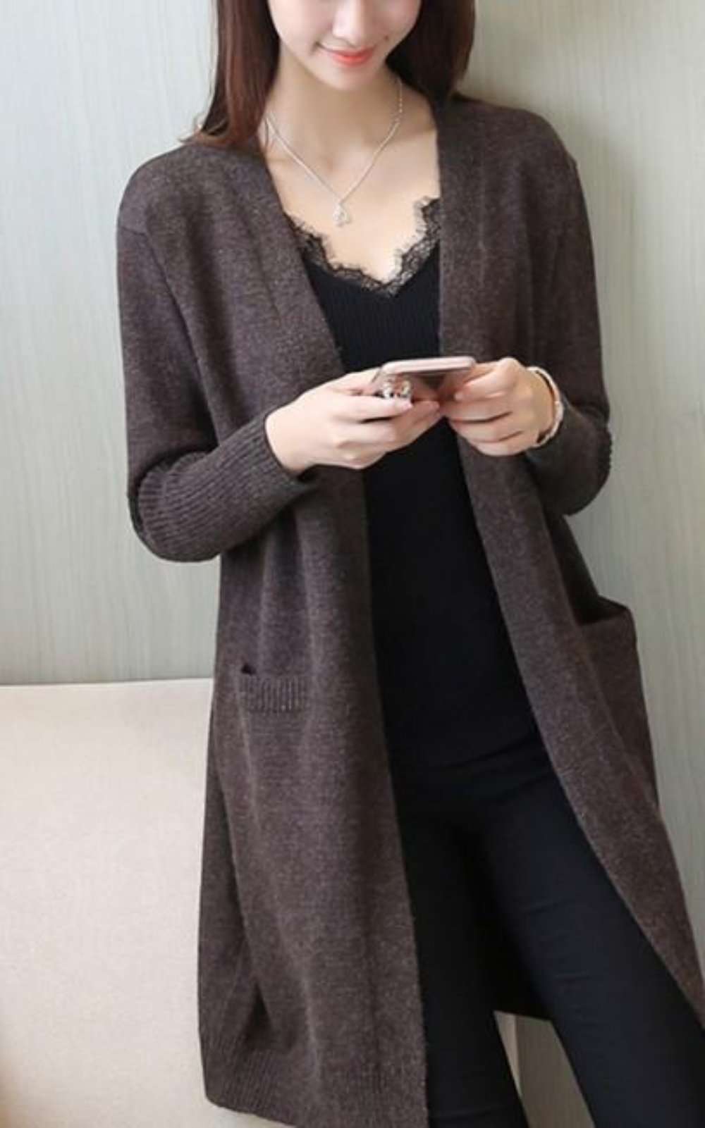 Womens Mid Length Open Cardigan with Pockets