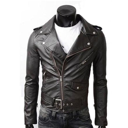 Mens Black PU Leather Biker Jacket with Zipper Detail - AmtifyDirect