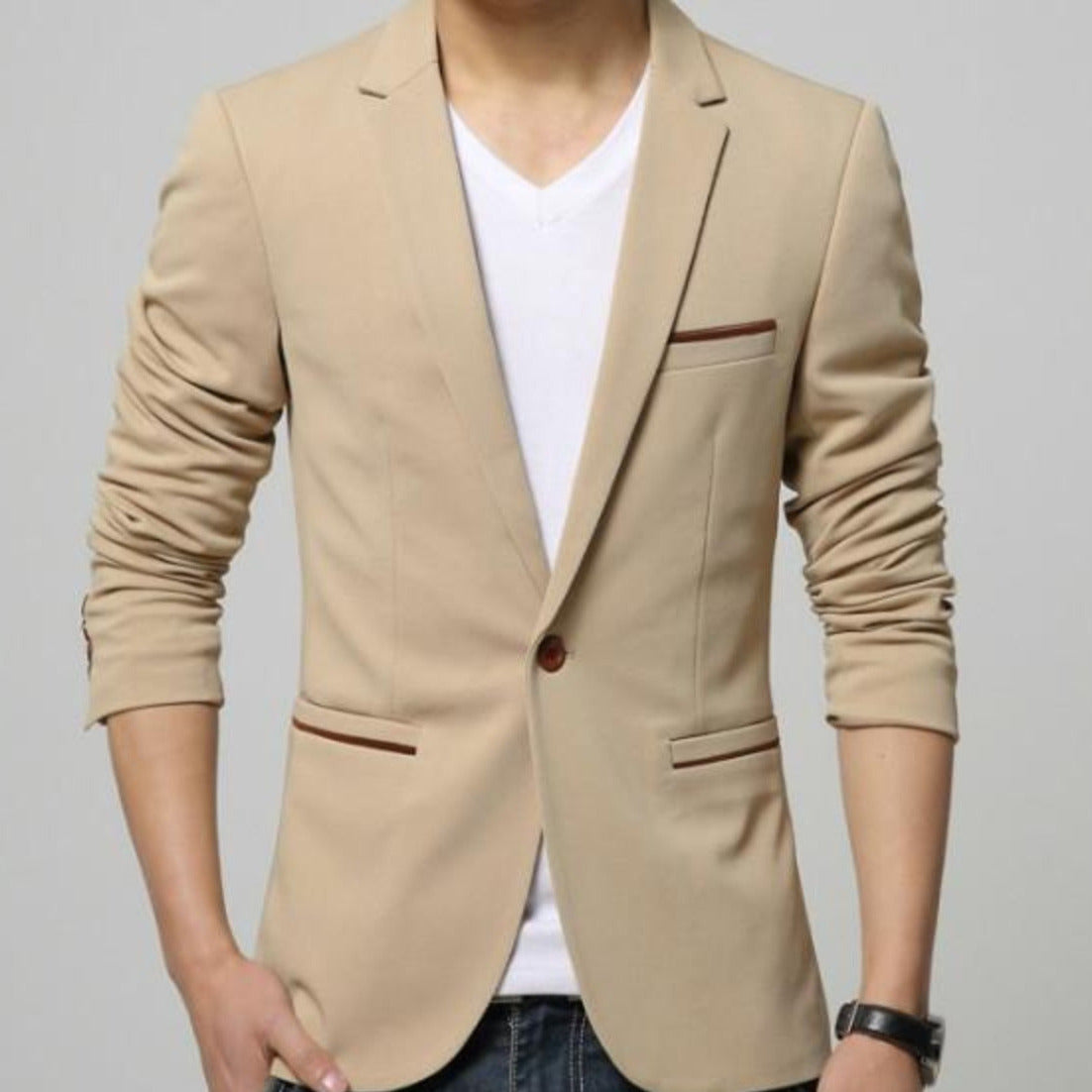 mens beige cotton blend one button blazer - AmtifyDirect