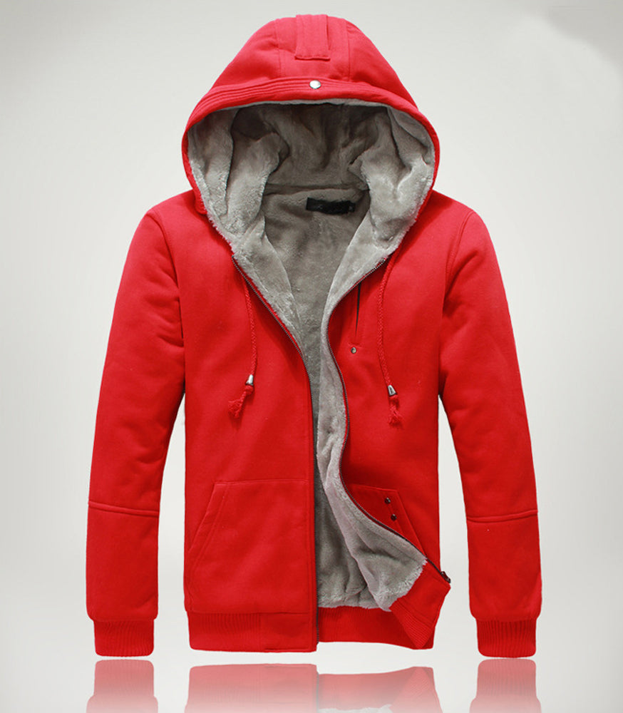 Mens Red Casual Hooded Jacket with Faux Fur Lining - AmtifyDirect