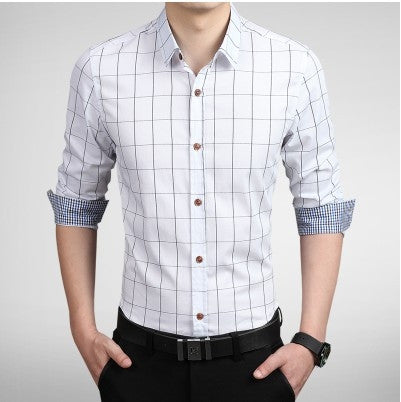 Mens White Cotton Blend Long Sleeve Plaid Shirt - AmtifyDirect