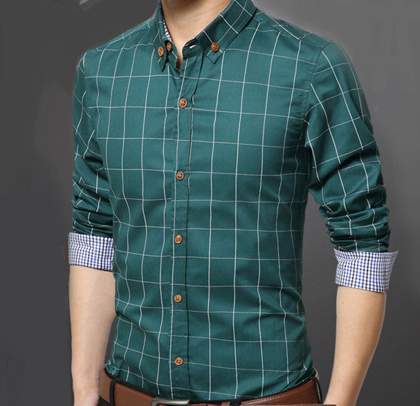 Mens Green Cotton Blend Long Sleeve Plaid Shirt - AmtifyDirect
