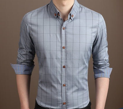 Mens Gray Cotton Blend Long Sleeve Plaid Shirt - AmtifyDirect