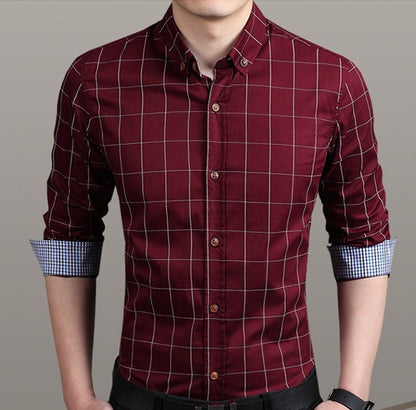 Mens Red Cotton Blend Long Sleeve Plaid Shirt - AmtifyDirect
