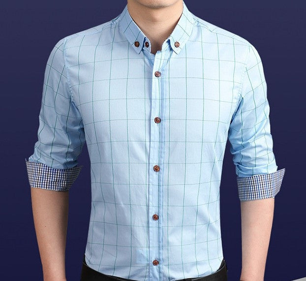 Mens Light Blue Cotton Blend Long Sleeve Plaid Shirt - AmtifyDirect