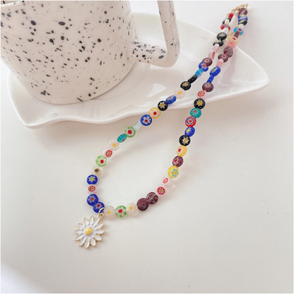Flower Pendant Necklace with Colorful Beads