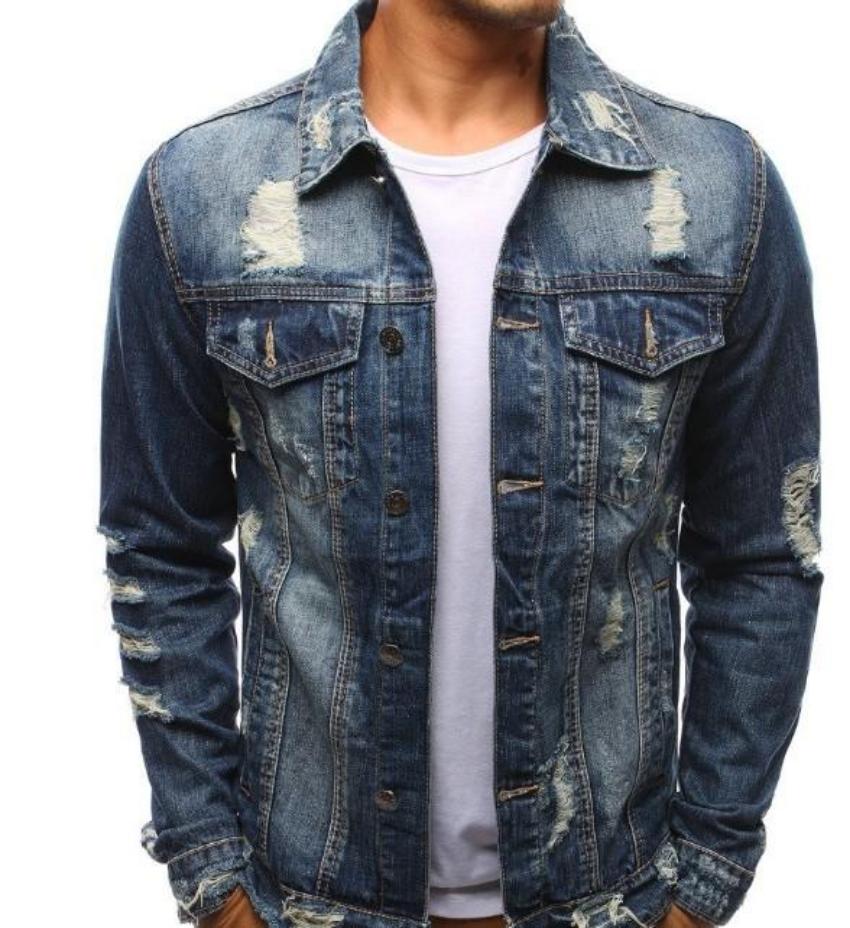mens blue denim distressed jacket - AmtifyDirect