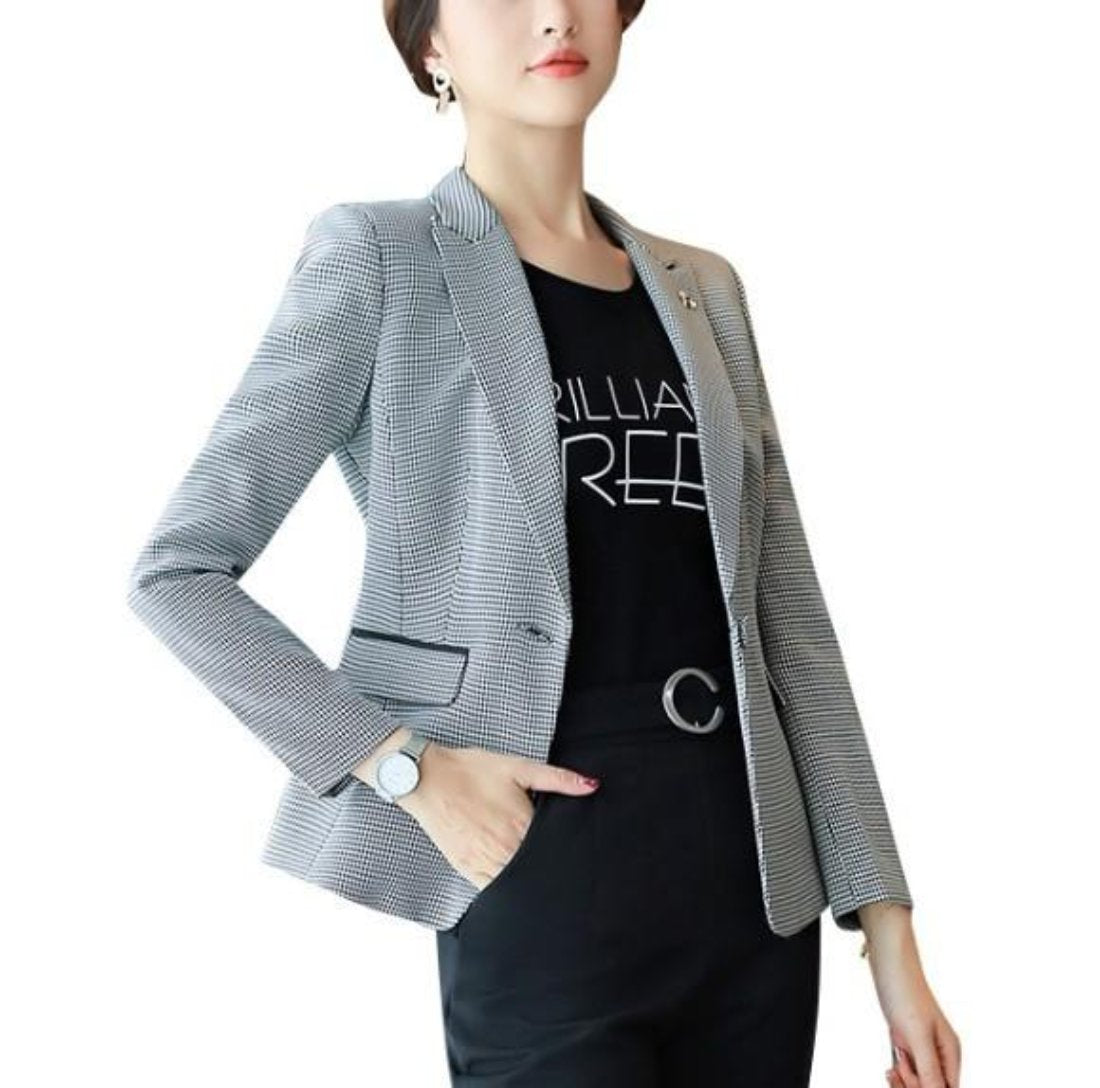 womens houndstooth cotton blend/polyester slim fit blazer - AmtifyDirec