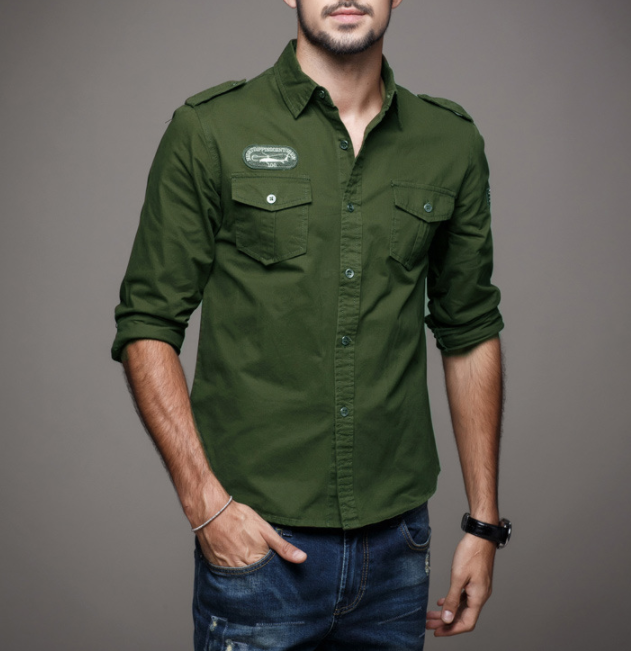 Mens Military Style Long Sleeved Button Down Shirt - AmtifyDirect