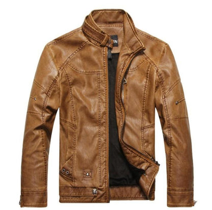 Mens Zip Up Button Collar Faux Leather Jacket
