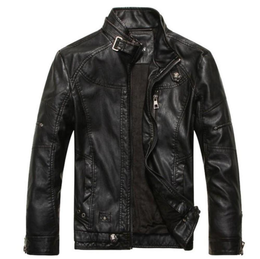 Mens Zip Up Button Collar Faux Leather Jacket