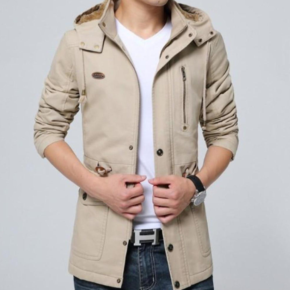 Mens Trench Coat with Removable Hood and Warm Lining