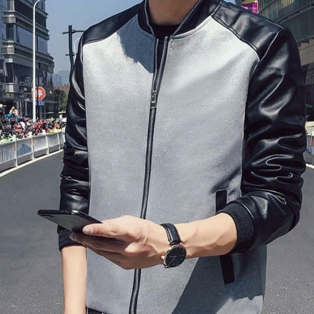 mens gray PU leather/cotton blend/polyester bomber jacket - AmtifyDirect