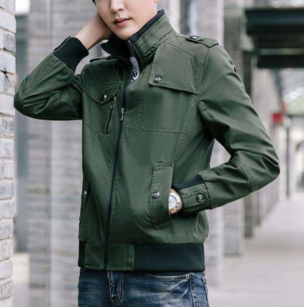 mens army green military style zip up jacket  