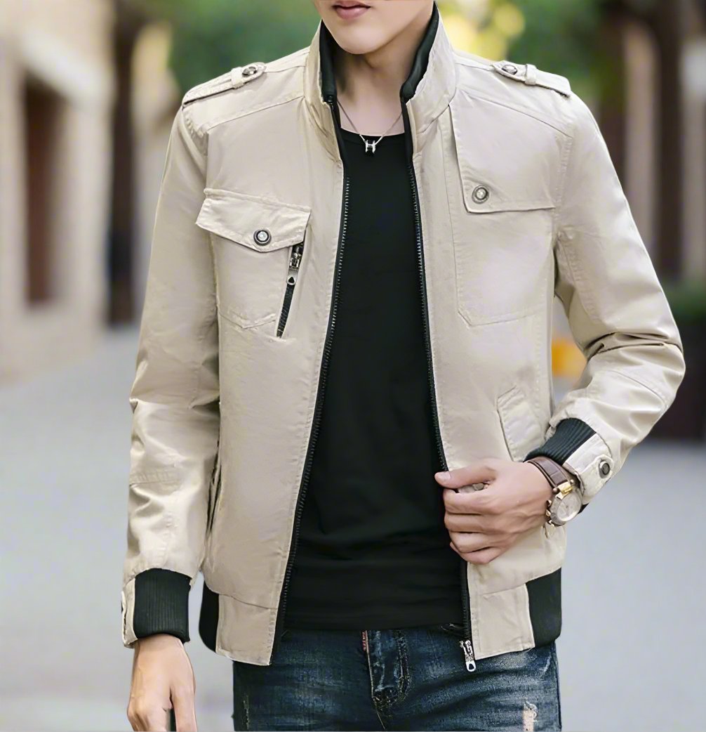 mens beige military style zip up jacket