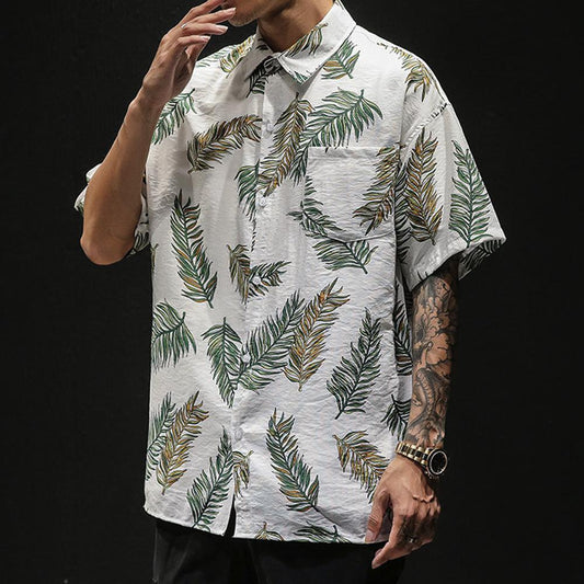 Mens Short Sleeve Leaf Print Hawaiian Shirt