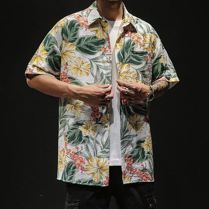 Mens Oversized Summer Short Sleeve Print Hawaiian Shirt