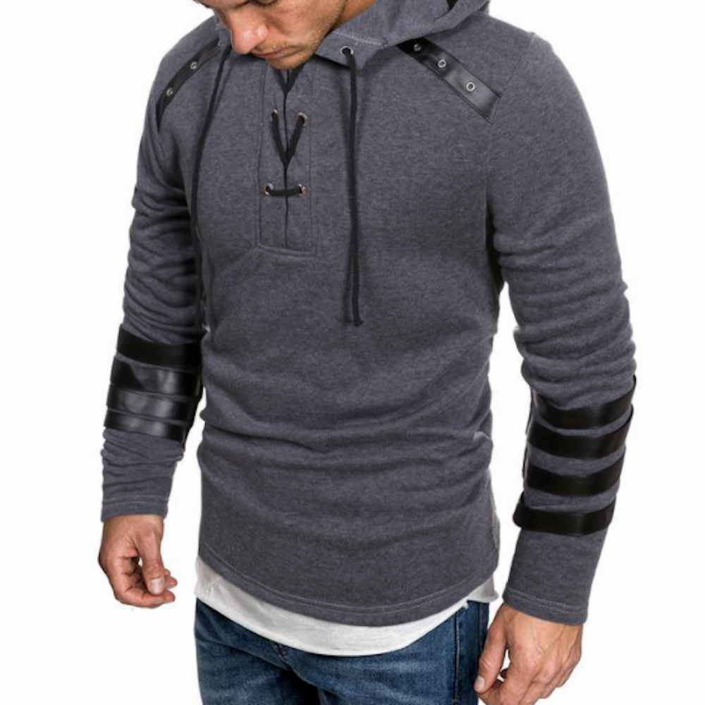 Mens Lace Up Pullover Hoodie With Vegan Leather Details
