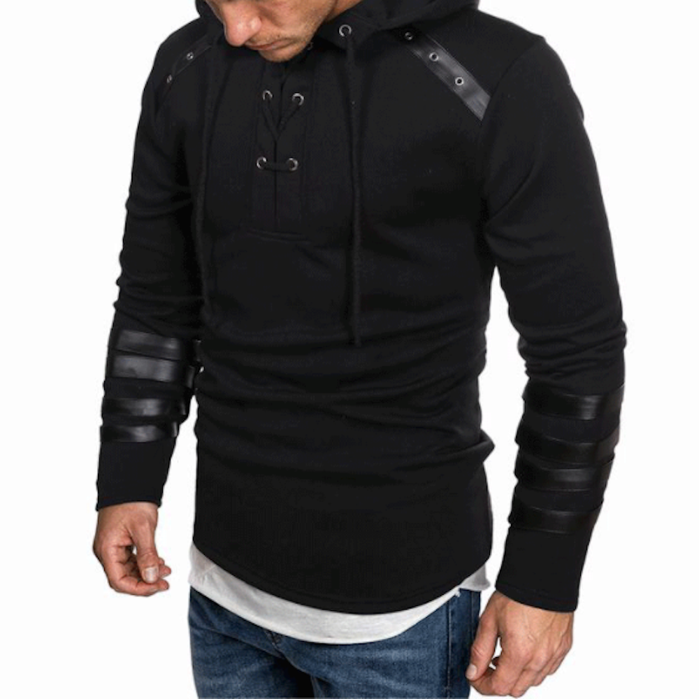 Mens Lace Up Pullover Hoodie With Vegan Leather Details