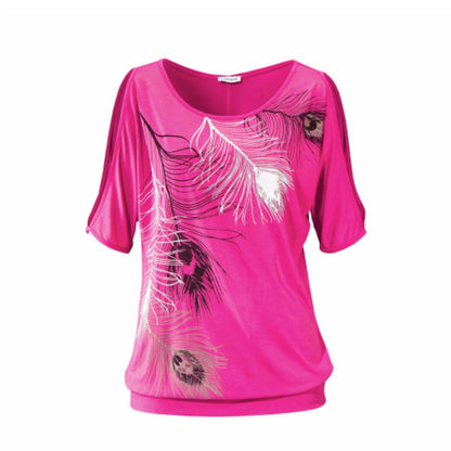 Womens Cut Out Shoulder Shirt with Feather Print