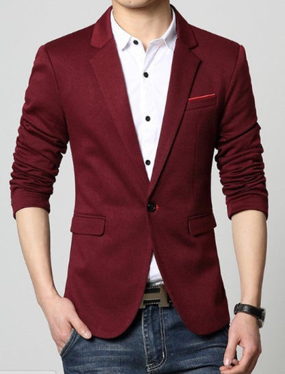 Mens red polyester vegan friendly Slim Fit One Button Casual Blazer - AmtifyDirect