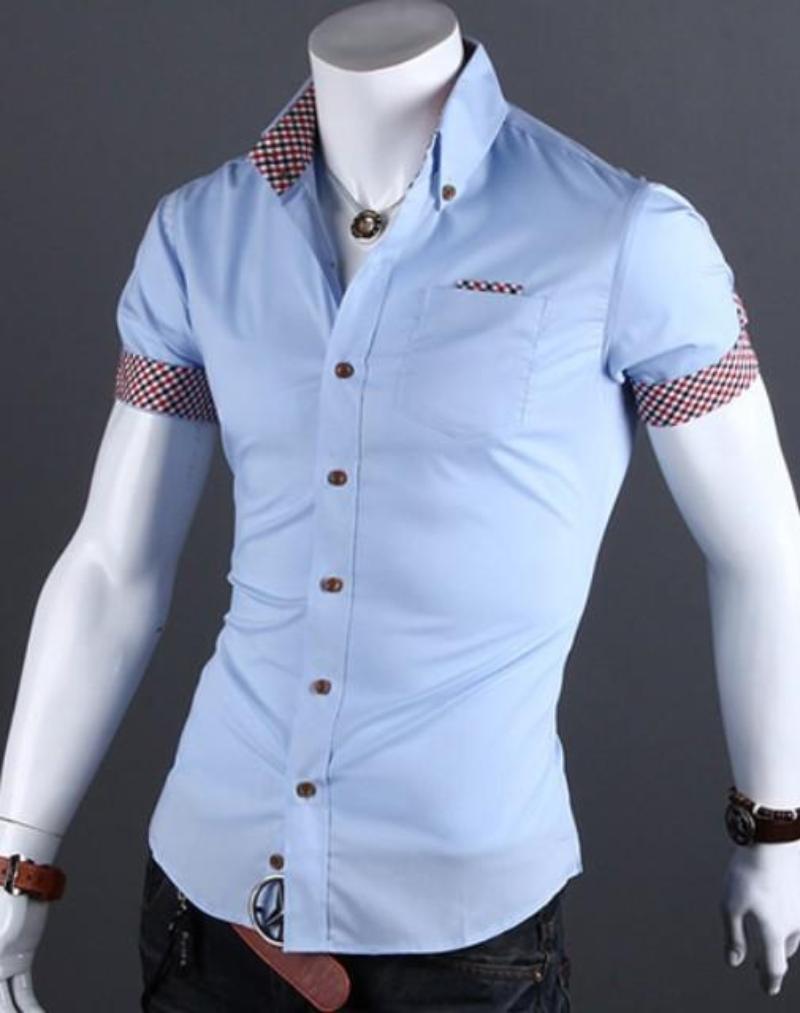Mens cotton blend Blue Short Sleeve Shirt with Plaid Details - AmtifyDirect