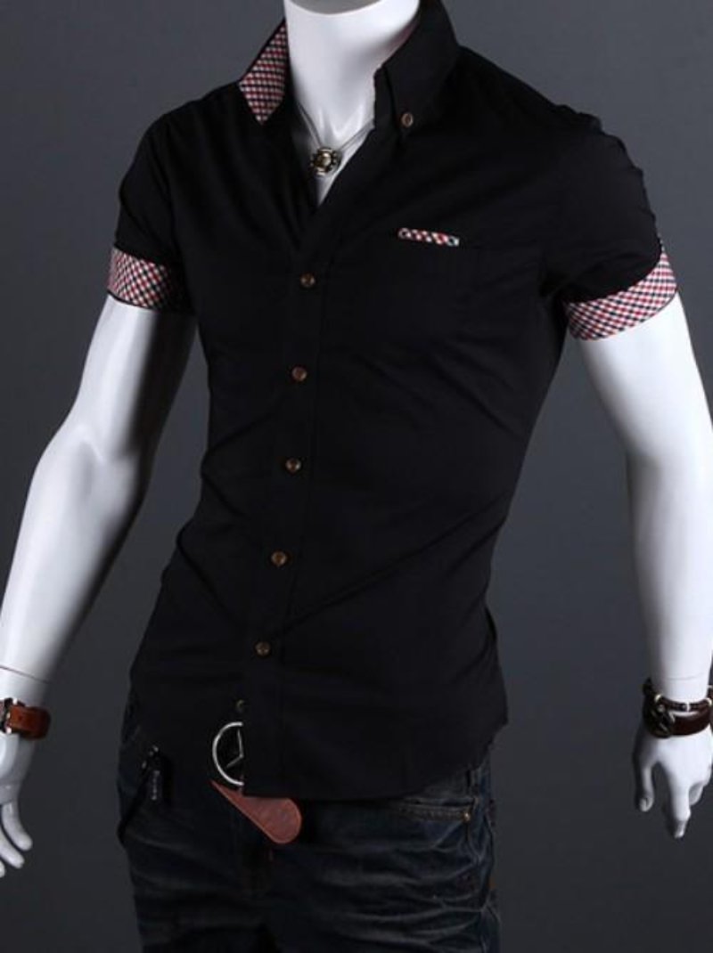Mens cotton blend Black Short Sleeve Shirt with Plaid Details - AmtifyDirect