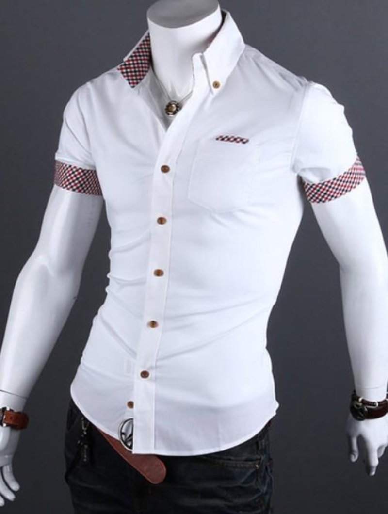Mens cotton blend White Short Sleeve Shirt with Plaid Details - AmtifyDirect