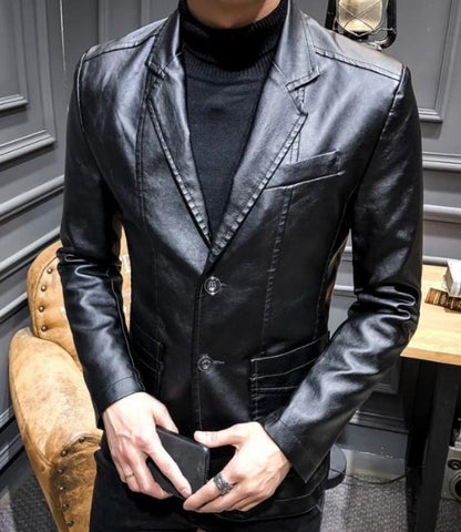 mens black faux leather vegan friendly two button street style blazer