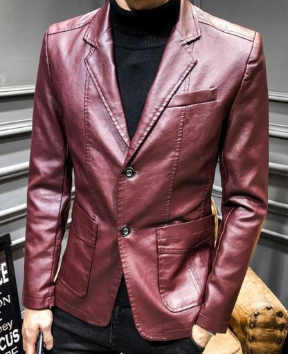 mens burgundy faux leather vegan friendly two button street style blazer
