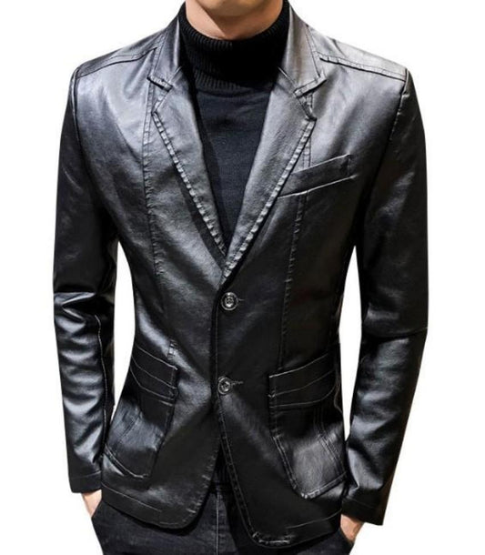 mens  black faux leather vegan friendly two button street style blazer