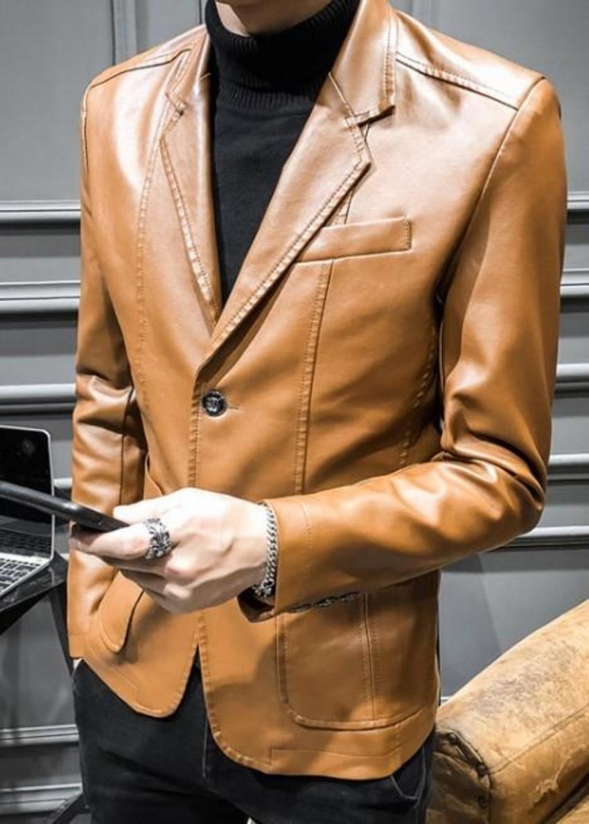 mens brown faux leather vegan friendly two button street style blazer