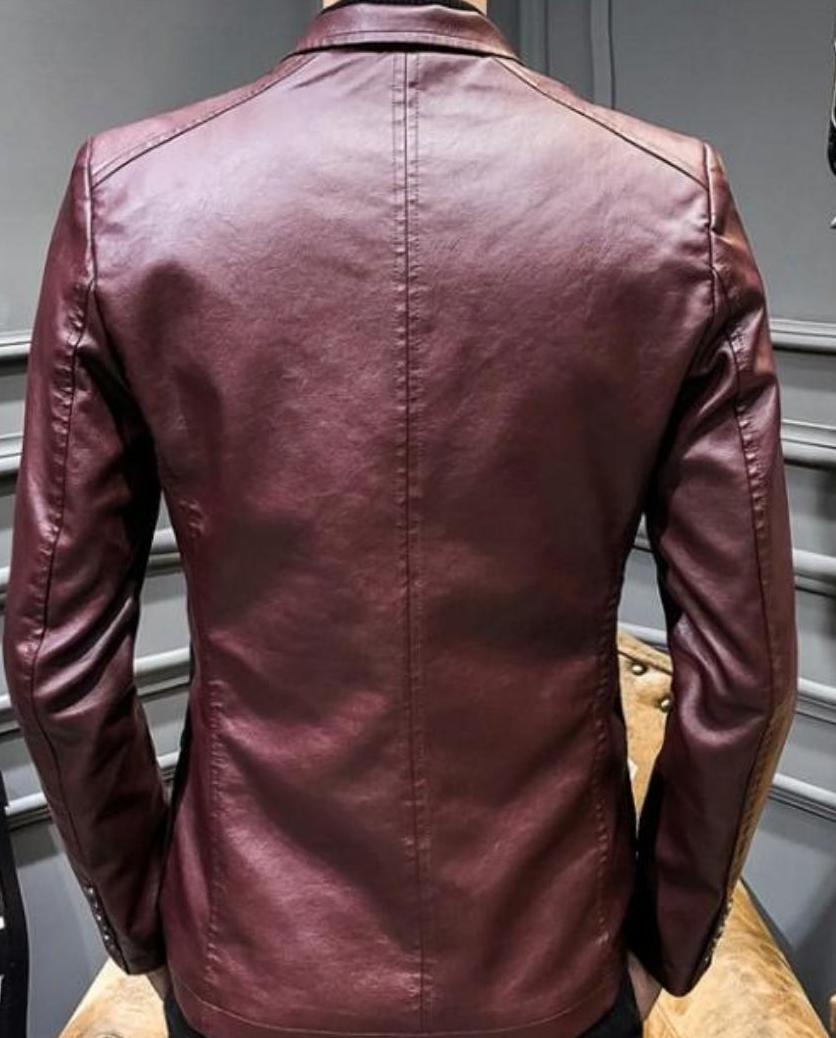 mens burgundy faux leather vegan friendly two button street style blazer