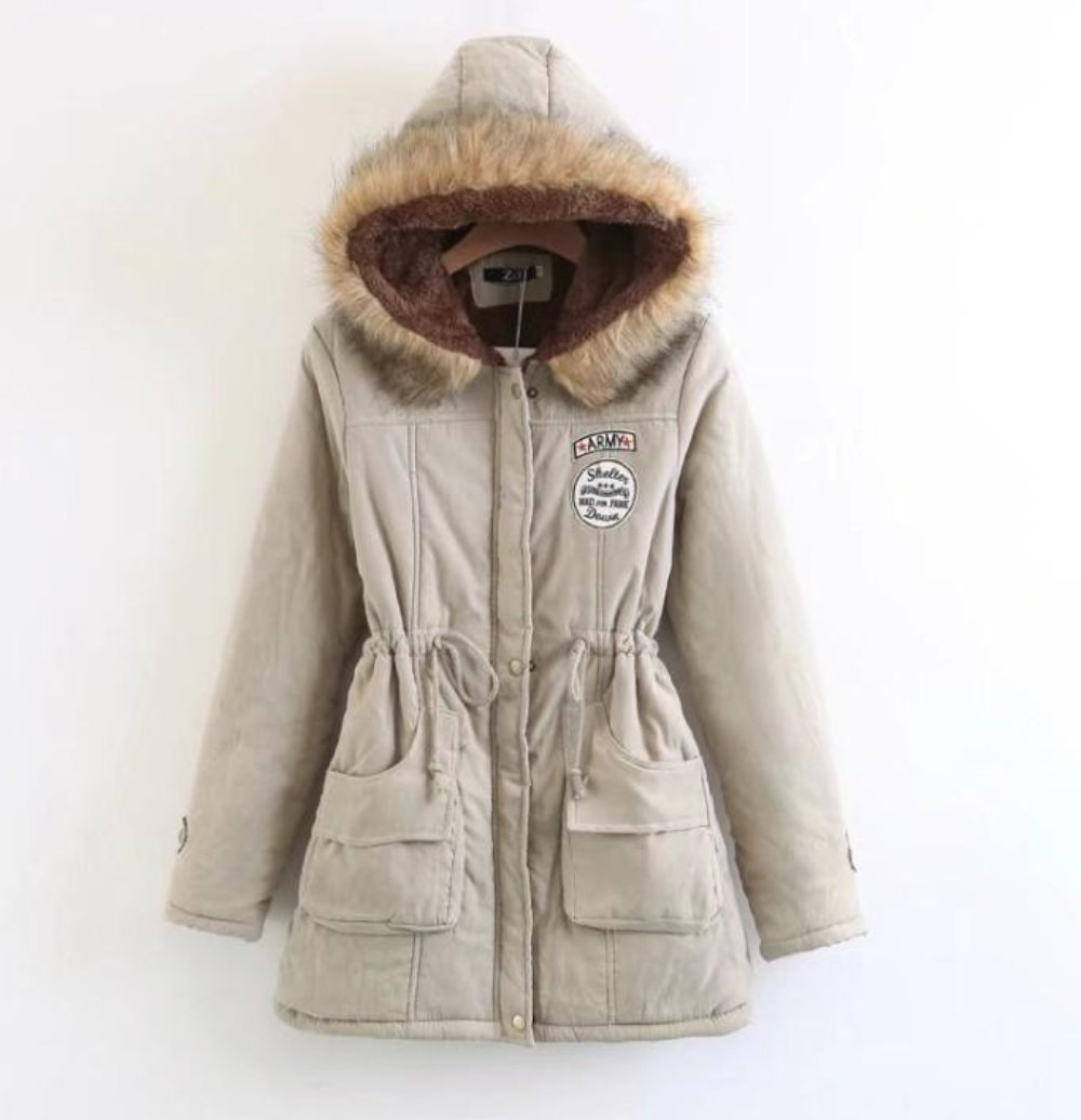 womens beige polyester/cotton blend hooded coat with faux fur lining - AmtifyDirect
