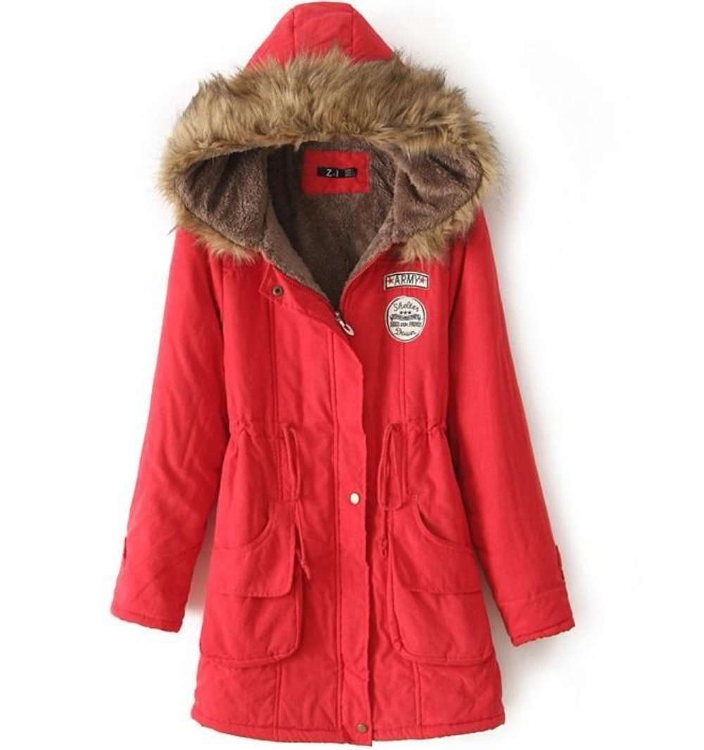 womens red polyester/cotton blend hooded coat with faux fur lining - AmtifyDirect