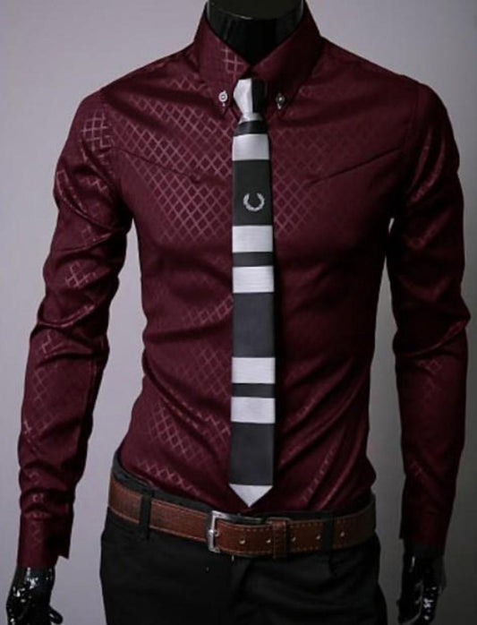mens red cotton blend/polyester button down jacquard shirt