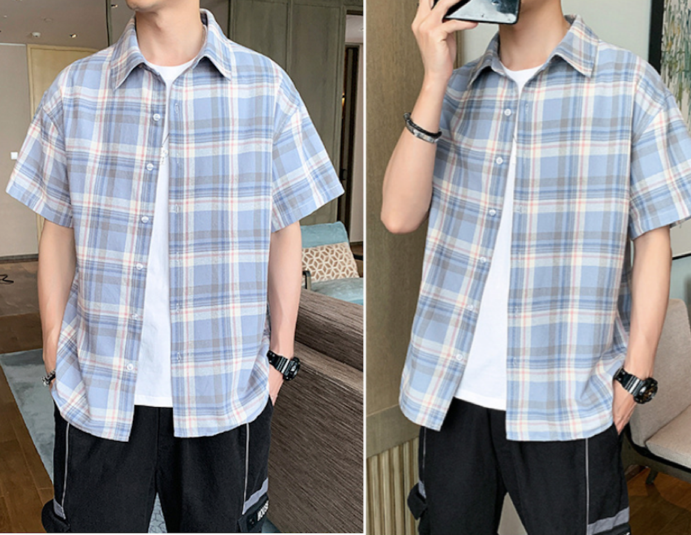 Mens Casual Short Sleeve Plaid Shirt