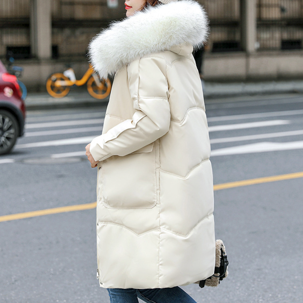 Womens Mid Length Big Pocket Zipper Jacket with Furry Hood