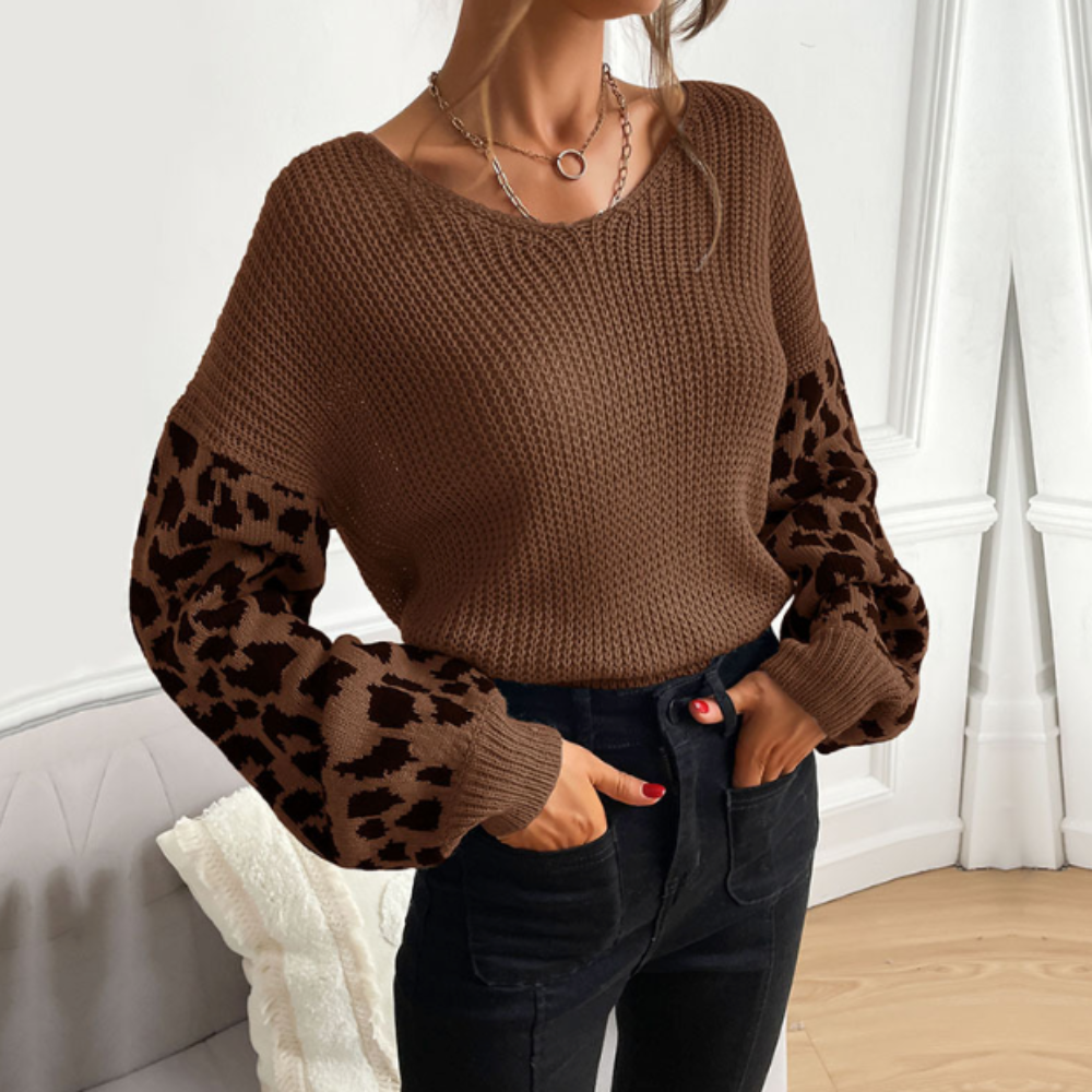Womens V-Neck Sweater with Animal Print Sleeves