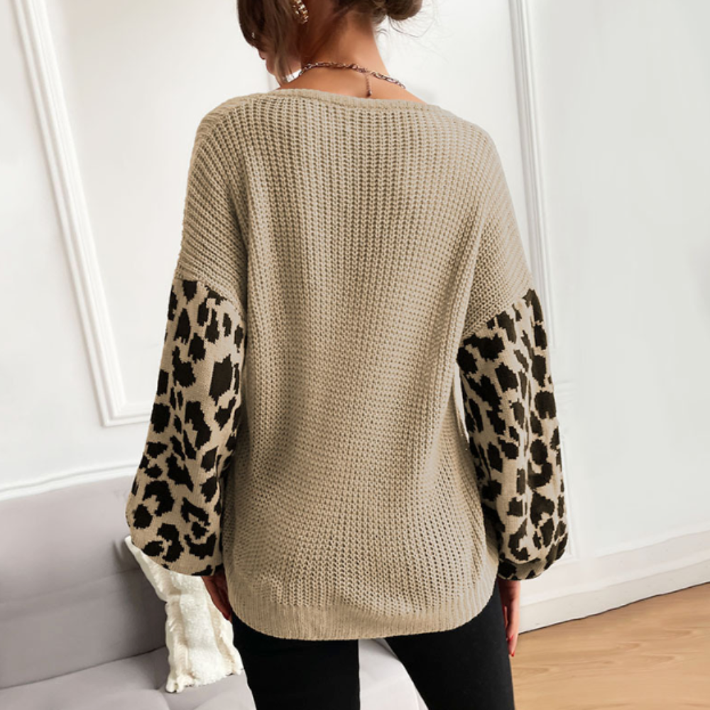 Womens V-Neck Sweater with Animal Print Sleeves