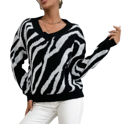 Womens V-Neck Contrasting Stripes Sweater