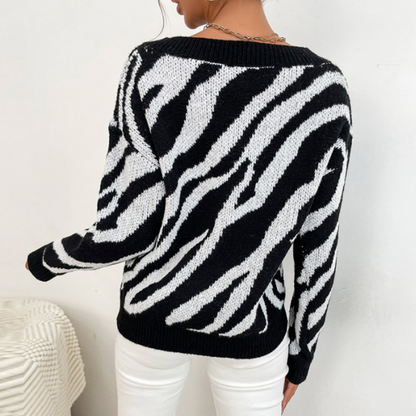 Womens V-Neck Contrasting Stripes Sweater