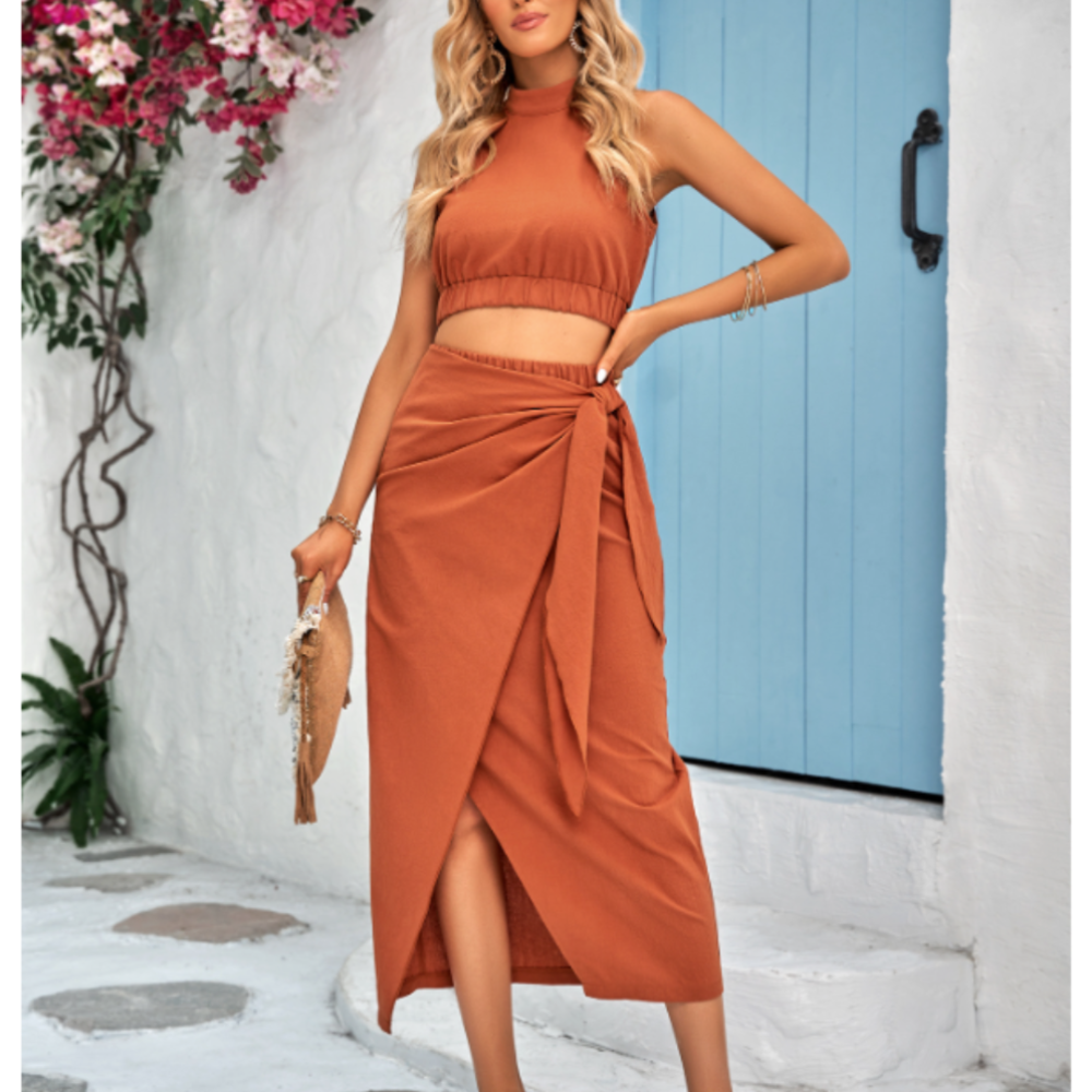 Crop Top With Wrap Style Maxi Skirt Two Piece Set