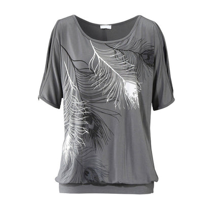 Womens Cold Shoulder Top with Feather Print