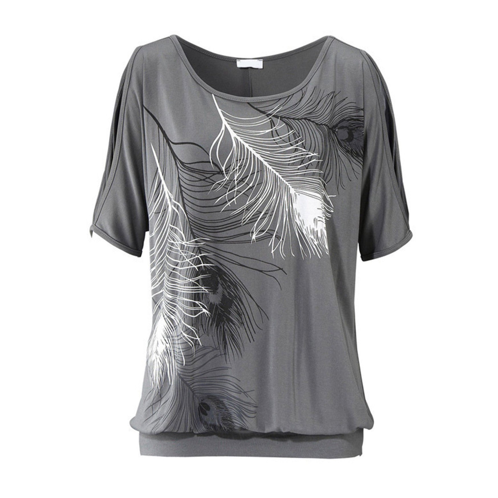 Gray Cut Out Shoulder Top with Feather Prints - AmtifyDirect