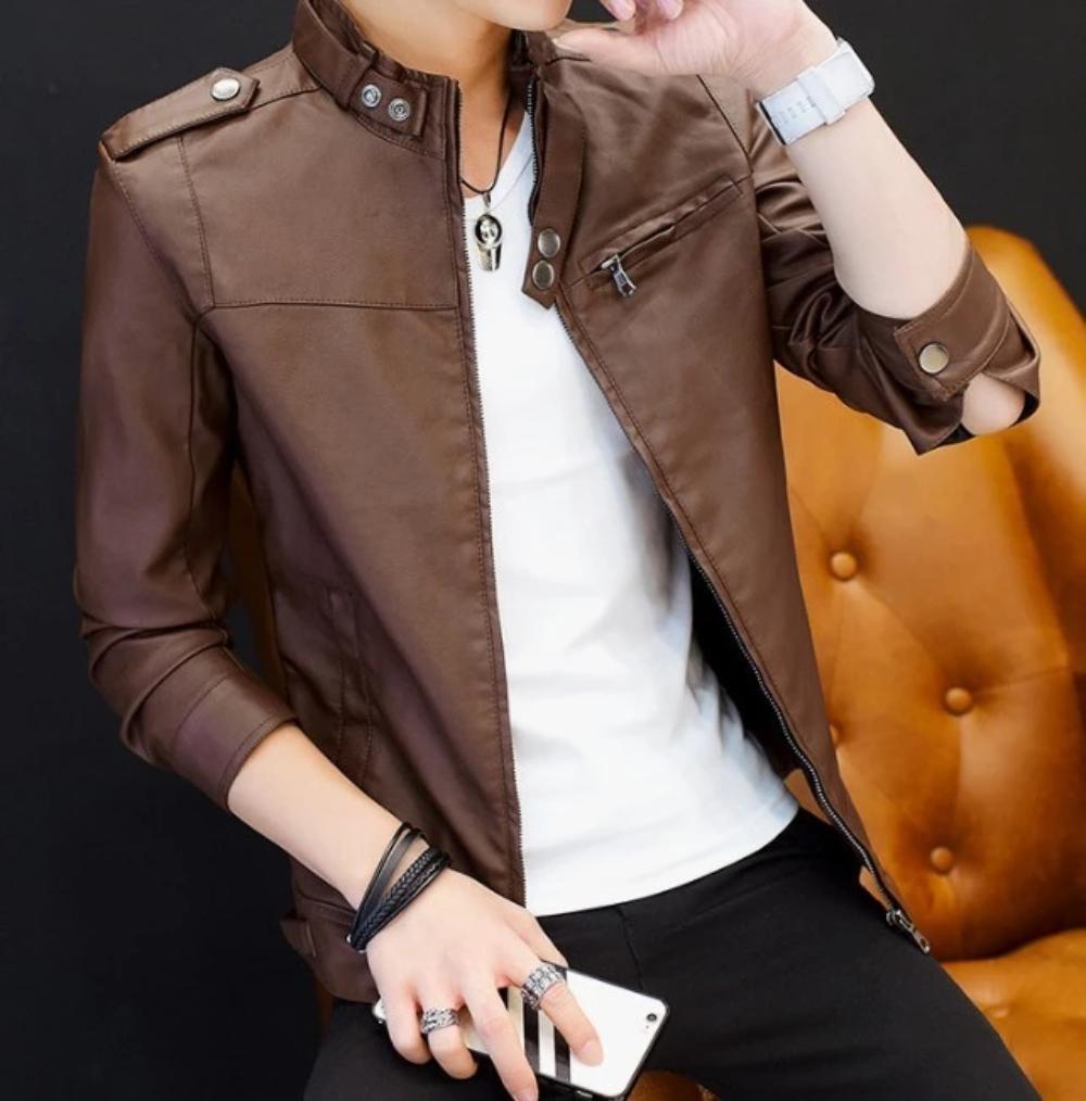 mens brown faux leather vegan friendly motorcycle jacket - AmtifyDirect