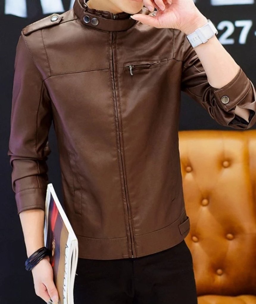 mens brown faux leather vegan friendly motorcycle jacket - AmtifyDirect