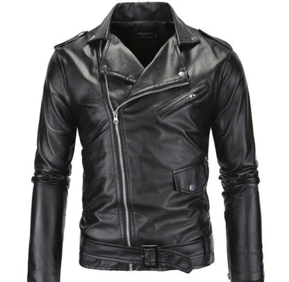 Mens Black PU Leather Biker Jacket with Zipper Detail - AmtifyDirect